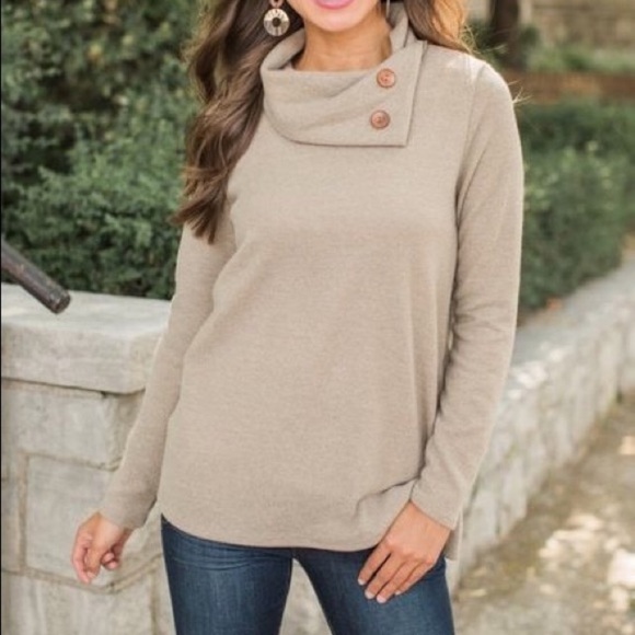 LAST ONE Taupe button detail turtleneck sweater - Picture 2 of 4